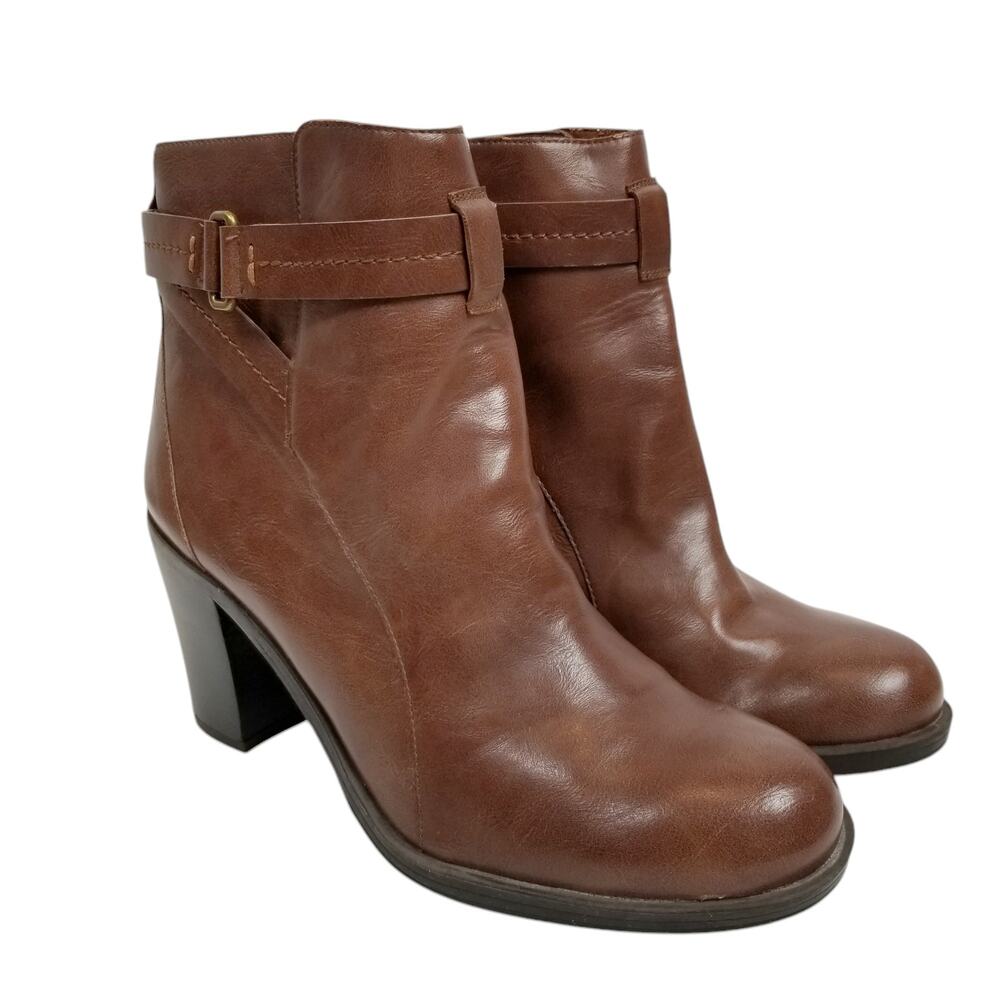 Franco Sarto Nino Women's Brown Faux Leather Stacked Heel Ankle Boots Size 8.5